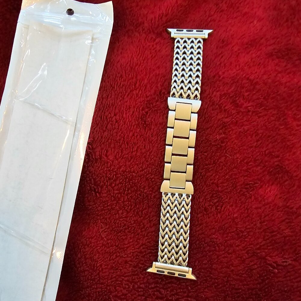 Metallic Zigzag Watch Band, Gold Center Links, Silver & Black Woven Pattern